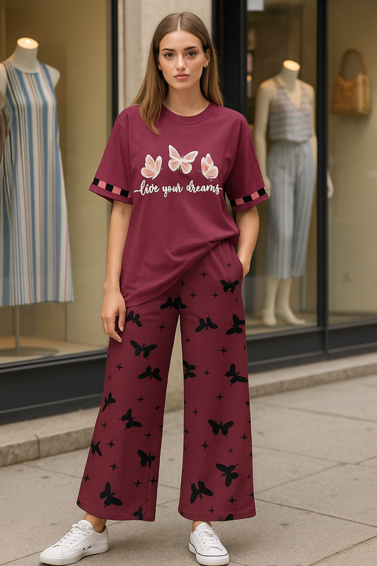 Monochrome Maroon Butterfly Lounge Set