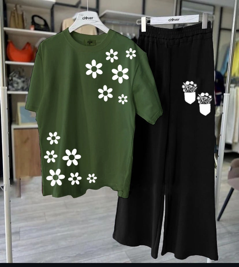 Green Floral Print T-Shirt & Black Pants Two-Piece Set