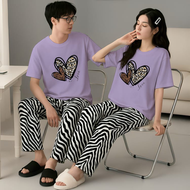 Love Hearts Matching Couple Set - Purple Tees & Zebra Pajama lounge Set
