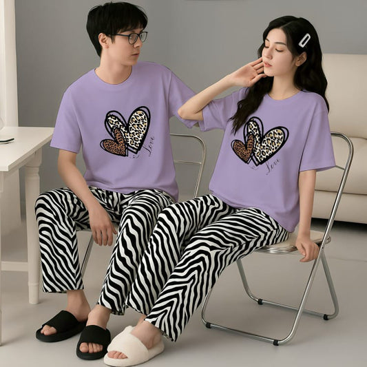 Love Hearts Matching Couple Set - Purple Tees & Zebra Pajama lounge Set