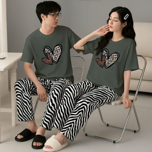 Olive Green & Zebra Stripe Matching Couple's Heart Print Lounge Set