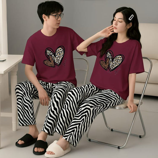 Heart Print & Zebra Stripes His & Hers Burgundy Matching Lounge Set