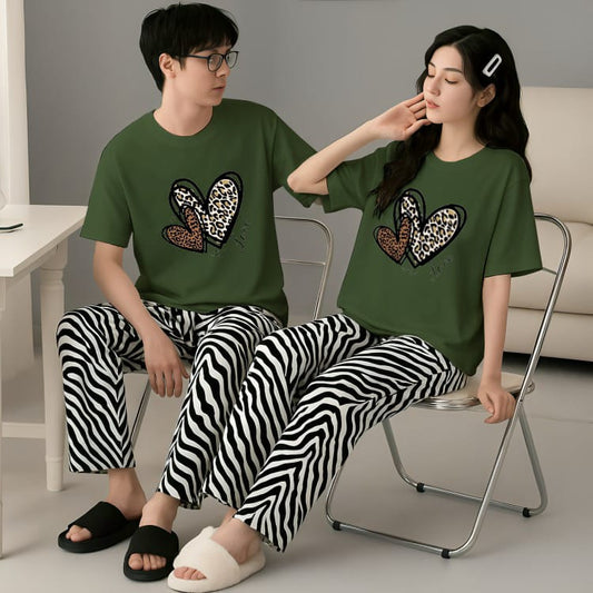 Heart Print & Zebra Stripes His & Hers Forest Green Matching Lounge Set