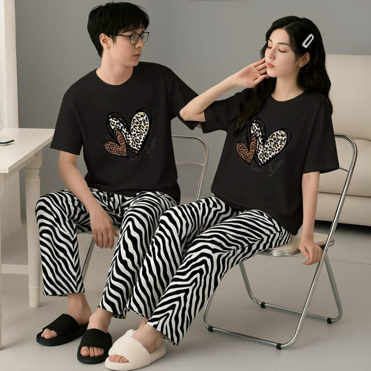 Heart Print & Zebra Stripes His & Hers Black Matching Lounge Set