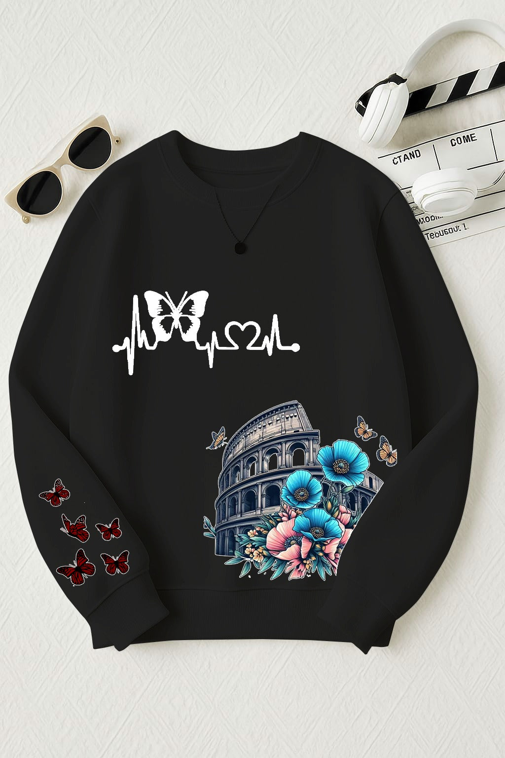 Butterfly Heartbeat Colosseum Printed Sweatshirt - Black Floral Print Crewneck