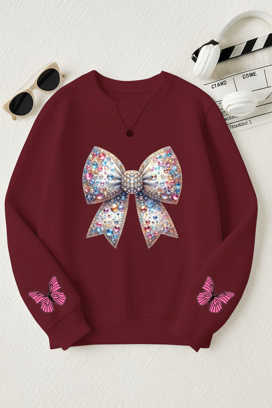 Burgundy Sequin Bow Printed Sweatshirt