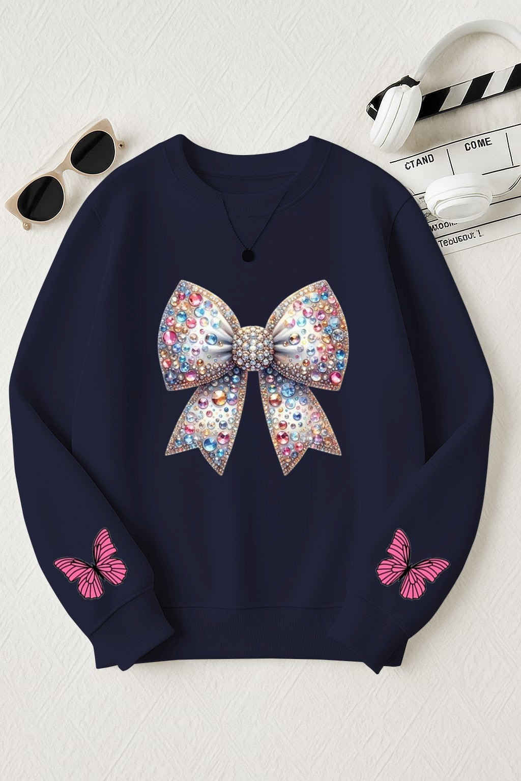 Navy Blue Jeweled Bow Printed Sweatshirt