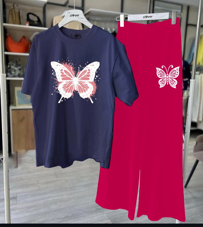 Navy Blue Butterfly T-Shirt & Pink Lounge Set