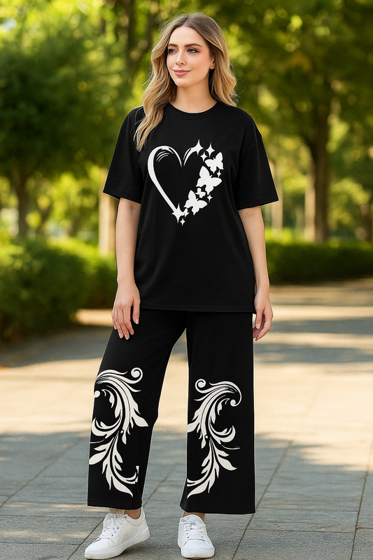 Elegant Black Two-Piece Set with Butterfly Heart & Floral Print