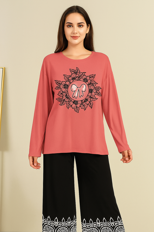 Women's Casual Lounge Set with Mandala/Floral Print & Bow