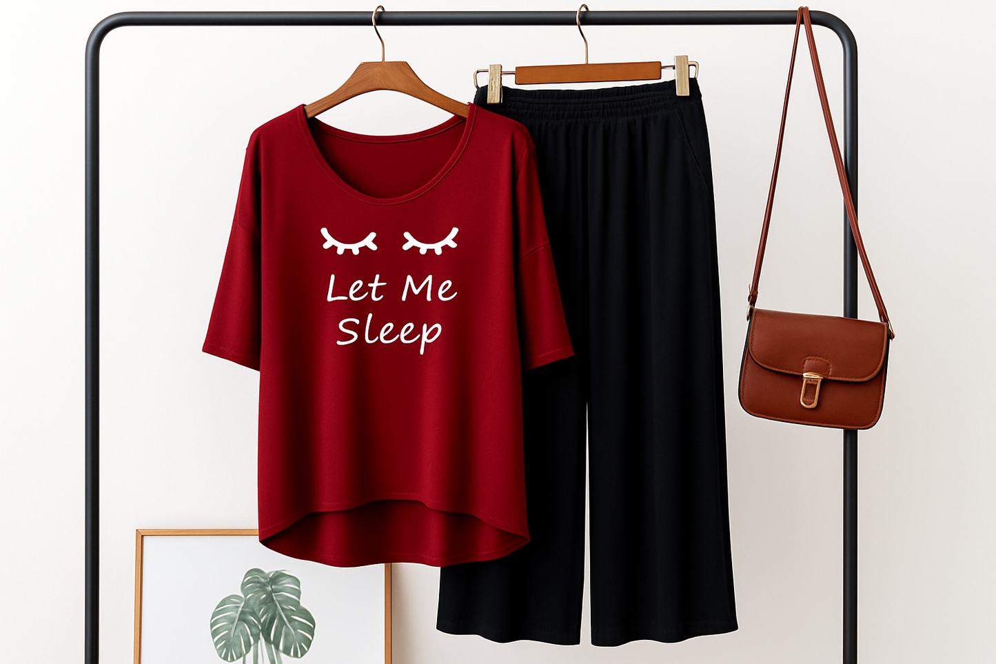 Let Me Sleep Printed Red V Neck T shirt with Black Palazzo Pajama Night Suit