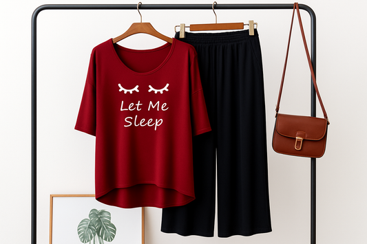 Let Me Sleep Printed Red V Neck T shirt with Black Palazzo Pajama Night Suit