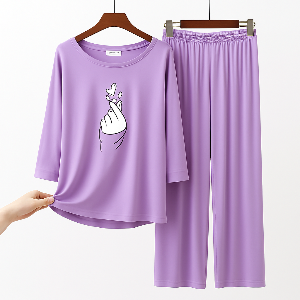 Purple Finger Heart Printed Pajama Set - Women's Sleepwear