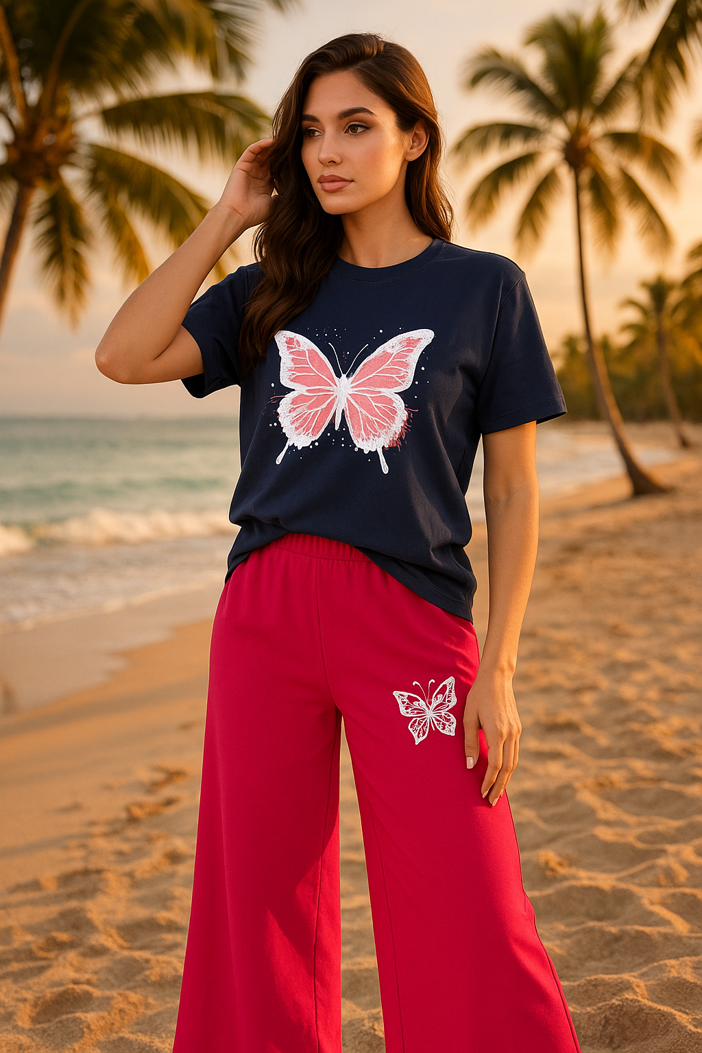 Navy Blue Butterfly T-Shirt & Pink Lounge Set