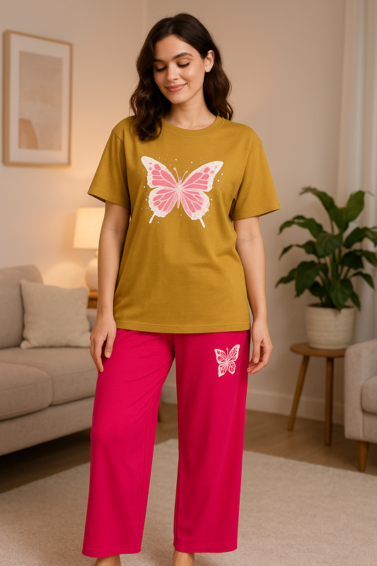 Mustard Yellow Butterfly T-Shirt & Pink Lounge Set