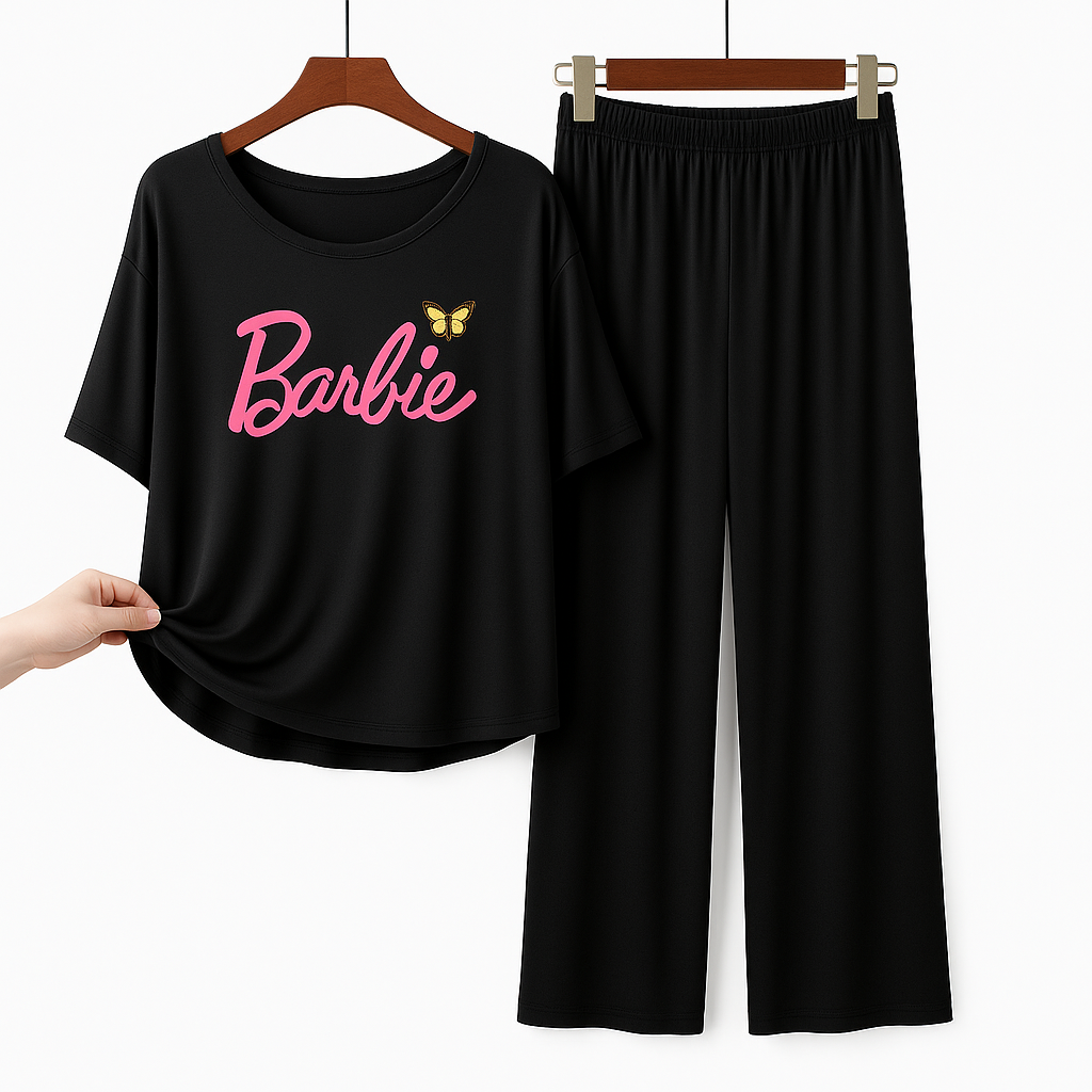 Barbie Black Butterfly Printed Pajama Set - Women's Sleepwear