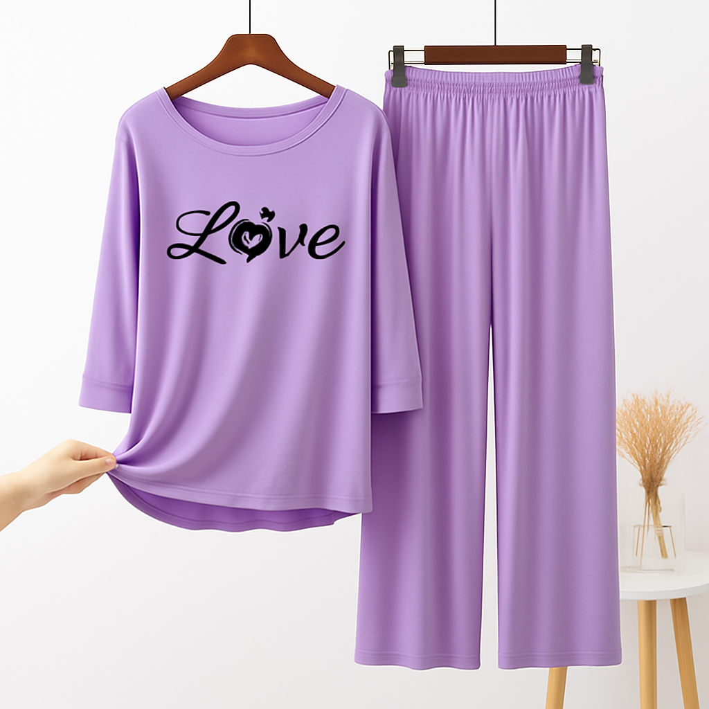 Purple Love Paw Printed Pajama Set - Women's Sleepwear