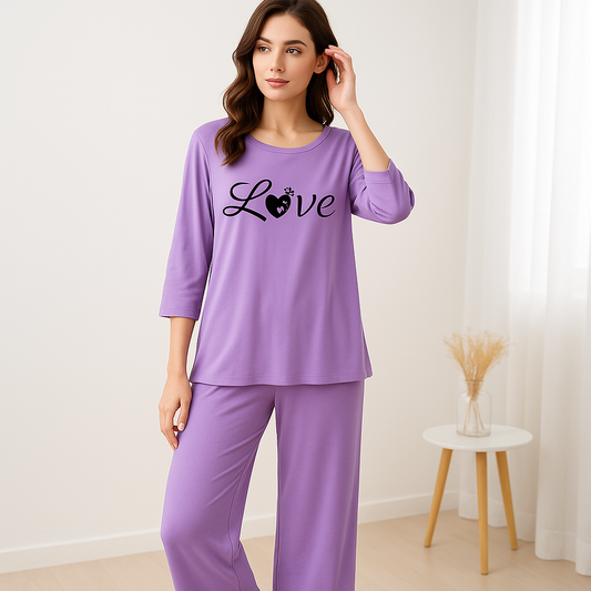 Purple Love Paw Printed Pajama Set - Women's Sleepwear