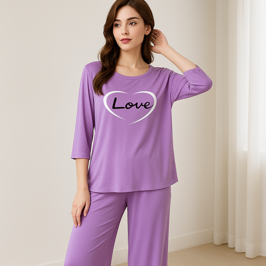 Purple Love Heart Printed Pajama Set - Women's Sleepwear