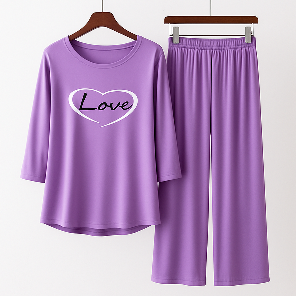 Purple Love Heart Printed Pajama Set - Women's Sleepwear