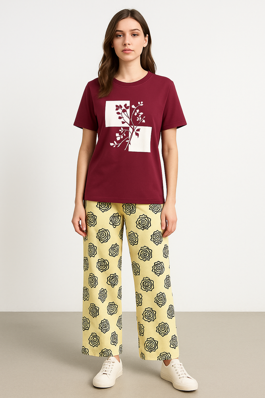 Burgundy Bloom Tee & Rose‑Print Lounge Set
