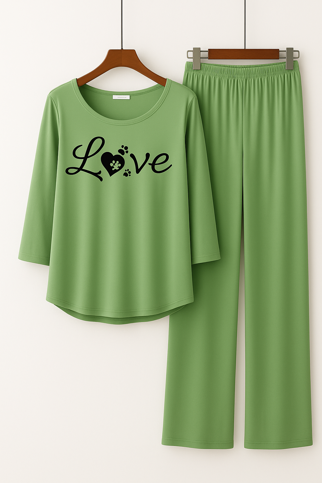 Green Love Paw Printed Pajama Set - Women's Sleepwear