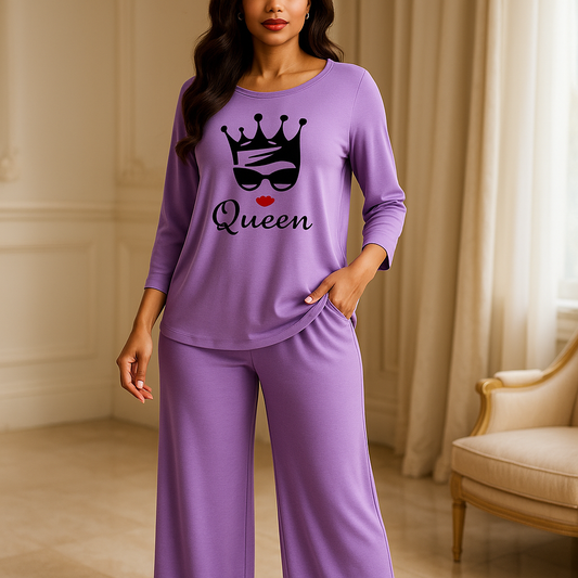 Purple Queen Crown Printed Pajama Set - Women's Sleepwear