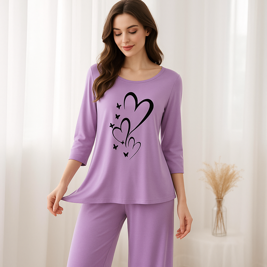 Purple Heart Butterfly Printed Pajama Set - Women's Sleepwear