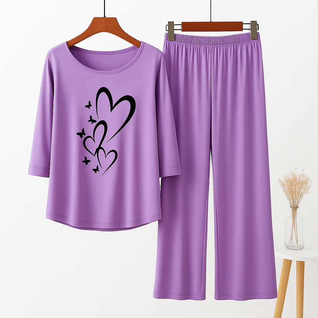 Purple Heart Butterfly Printed Pajama Set - Women's Sleepwear