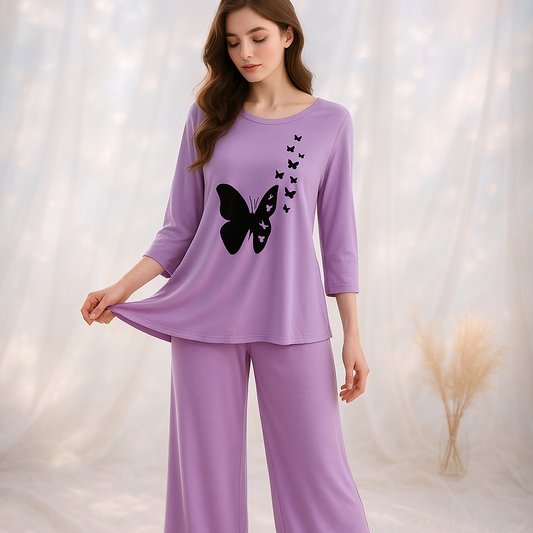Purple Flying Butterflies Printed Pajama Set - Women's Sleepwear