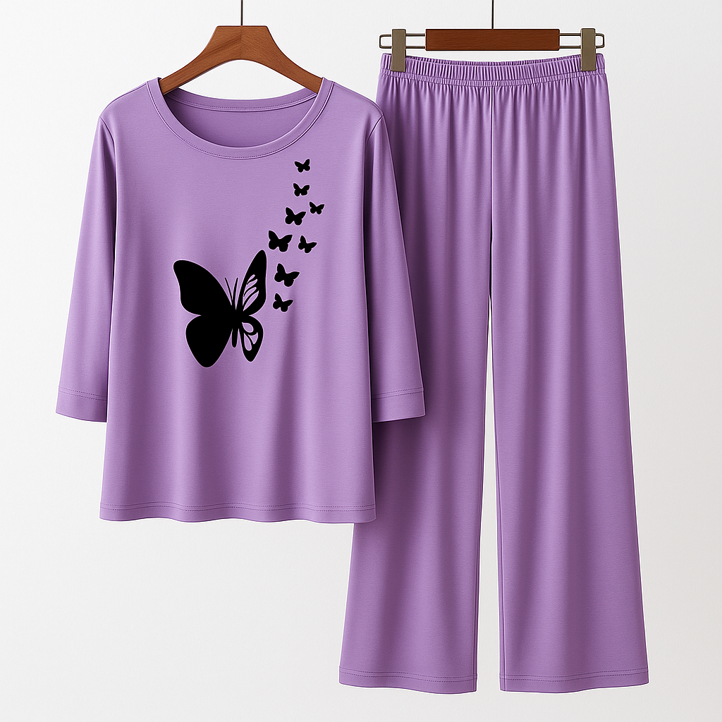Purple Flying Butterflies Printed Pajama Set - Women's Sleepwear