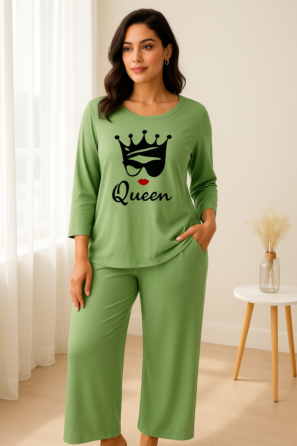 Green Queen Crown Printed Pajama Set - Women's Sleepwear
