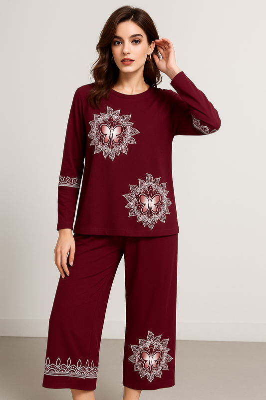 Maroon Bow & Floral Pattern Loungewear Set