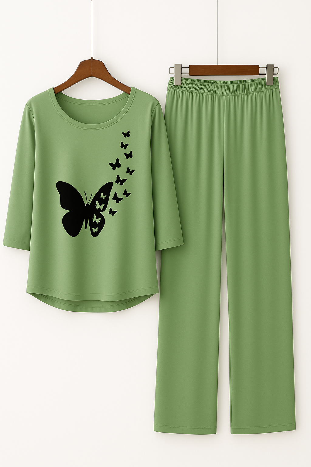 Green Flying Butterflies Printed Pajama Set - Women's Sleepwear