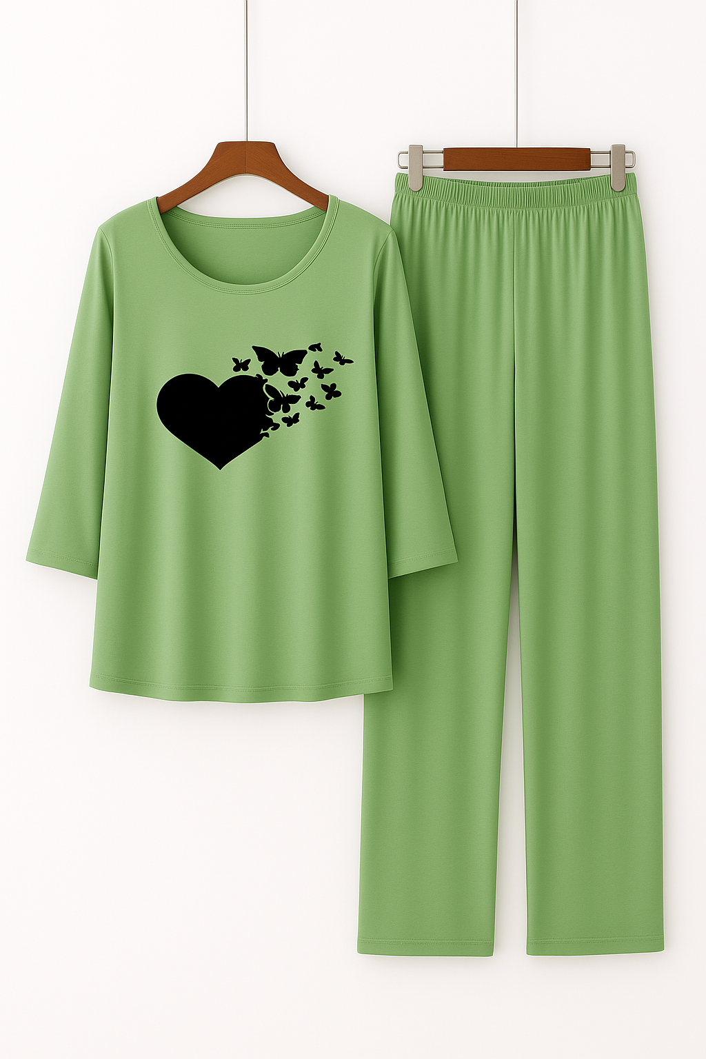 Green Heart Butterfly Printed Pajama Set - Women's Sleepwear