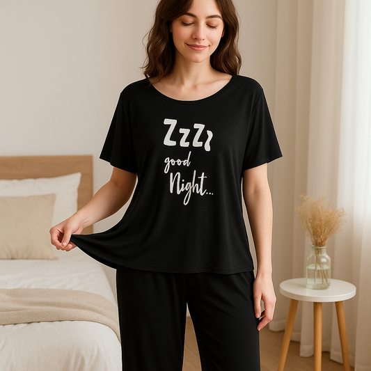 Good Night Black Printed Pajama Set - Comfortable Sleepwear