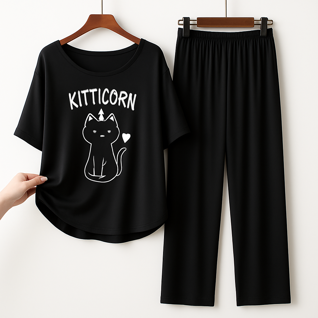 Kitticorn Black Printed Pajama Set - Cute Cat Unicorn Sleepwear