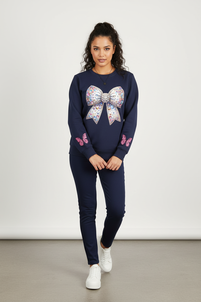 Navy Blue Jeweled Bow Printed Sweatshirt