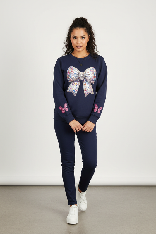 Navy Blue Jeweled Bow Printed Sweatshirt