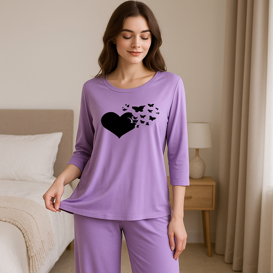 Purple Heart Butterfly Printed Pajama Set - Sleepwear