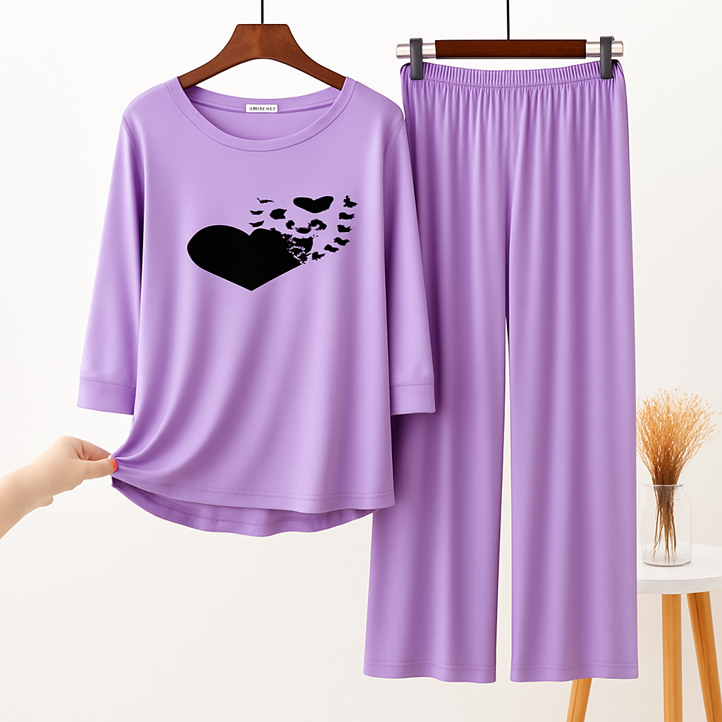 Purple Heart Butterfly Printed Pajama Set - Sleepwear