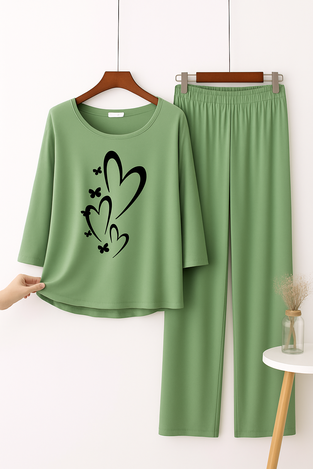 Green Heart Butterfly Printed Pajama Set - Sleepwear