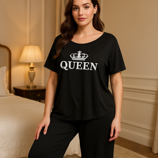 Queen Black Printed Pajama Set - Royal Crown Sleepwear