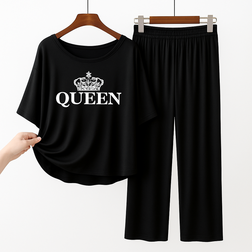 Queen Black Printed Pajama Set - Royal Crown Sleepwear
