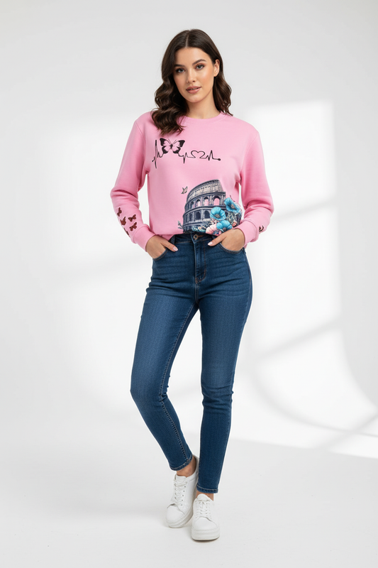 Pink Butterfly Heartbeat Printed Sweatshirt