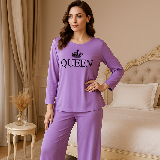 Purple Queen Crown Printed Pajama Set - Sleepwear