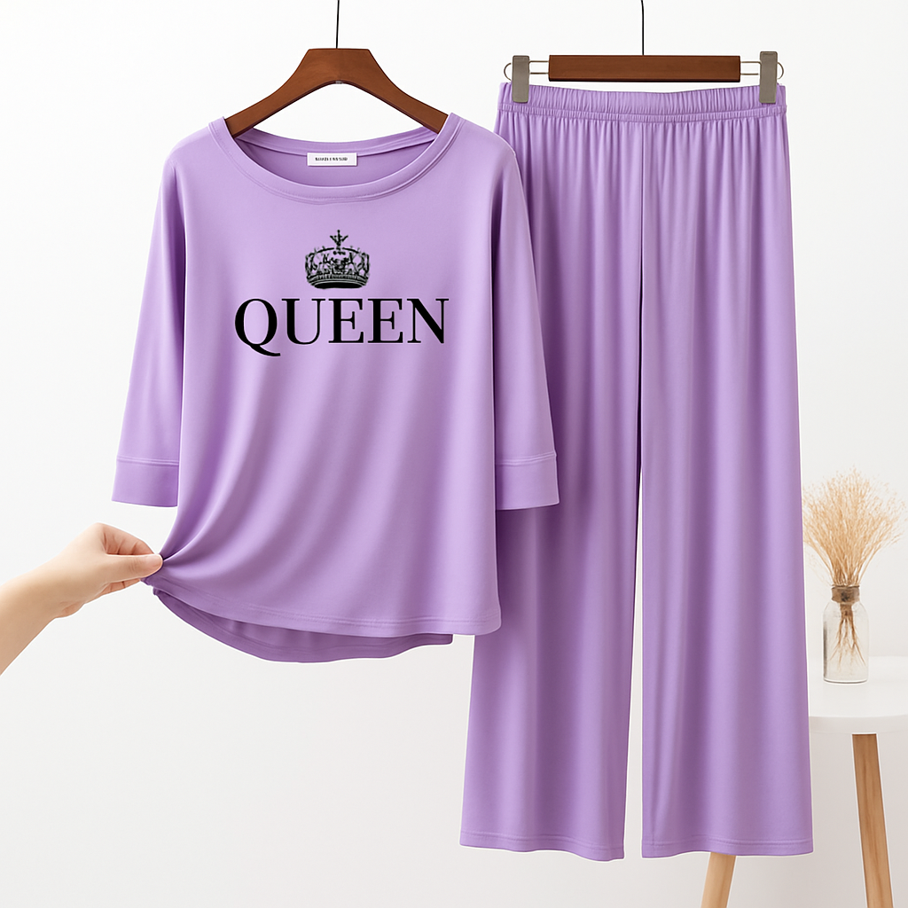 Purple Queen Crown Printed Pajama Set - Sleepwear