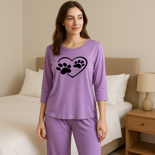 Purple Paw Print Heart Printed Pajama Set - Sleepwear