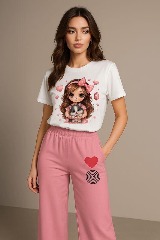 White & Pink Cartoon Character Loungewear Set