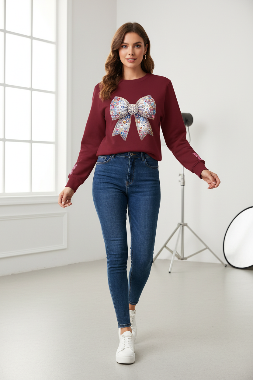 Burgundy Sequin Bow Printed Sweatshirt